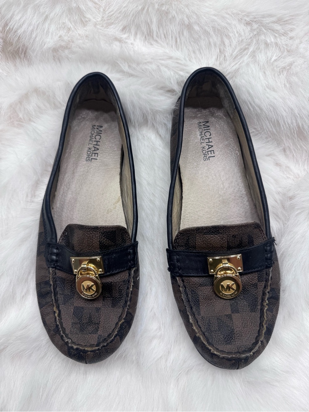 Michael Kors Brown and Black Signature Logo Moccasin Loafers with Gold Hardware